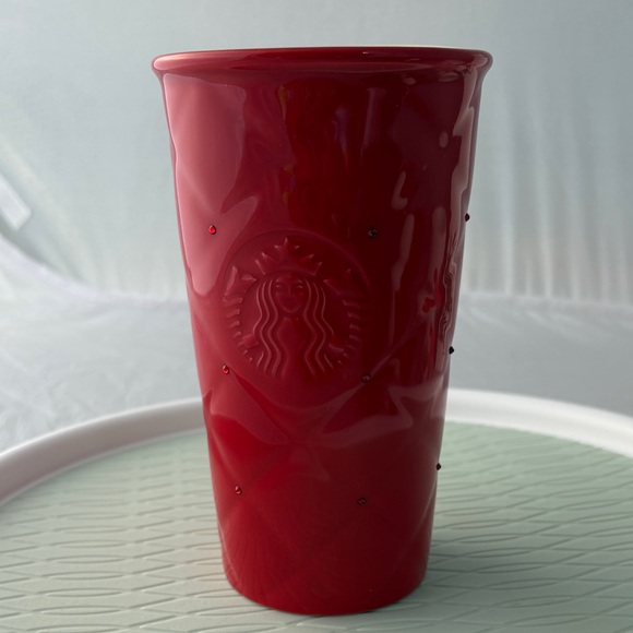 Starbucks RED QUILTED Valentine Swarovski Crystal Ceramic Travel Cup 10 Oz 2016